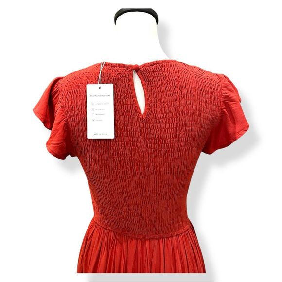 Cottagecore Smocked Tiered Midi Dress Flutter Sleeve Crewneck Rust Orange S NWT - Picture 13 of 16